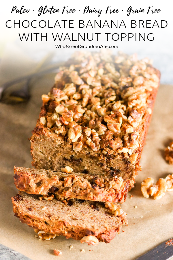 This Paleo Chocolate Banana Bread is delicious and crunchy from the walnut topping, and great for breakfast or any time of the day. It's a comforting recipe all year round! #paleo #glutenfree #grainfree #dairyfree #paleobreakfast #paleodessert #bananabread