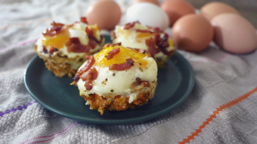 Eggs and Bacon in Sweet Potato Cups