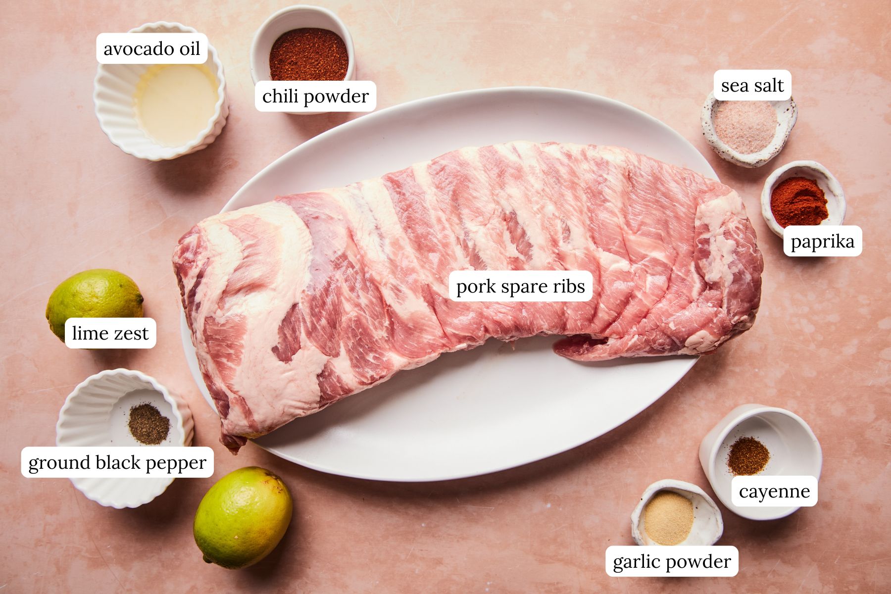 Ingredients for chili lime dry rub ribs labeled and laid out on a countertop.