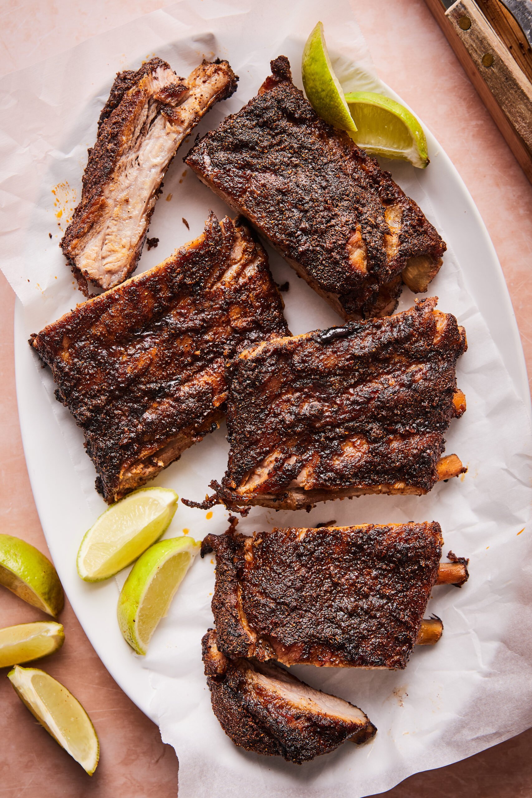 chili lime dry rub ribs baked and served on a platter