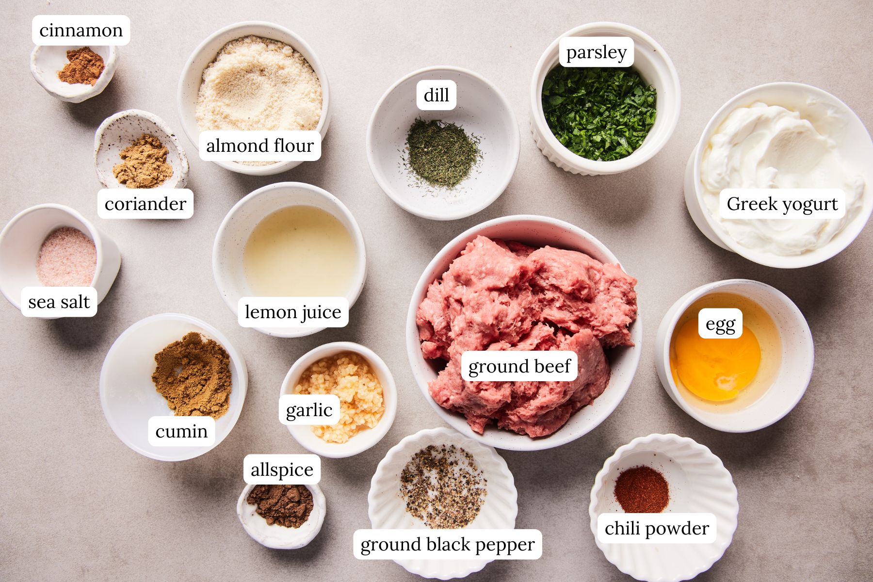Ingredients for Moroccan meatballs with yogurt sauce in bowls and labled.