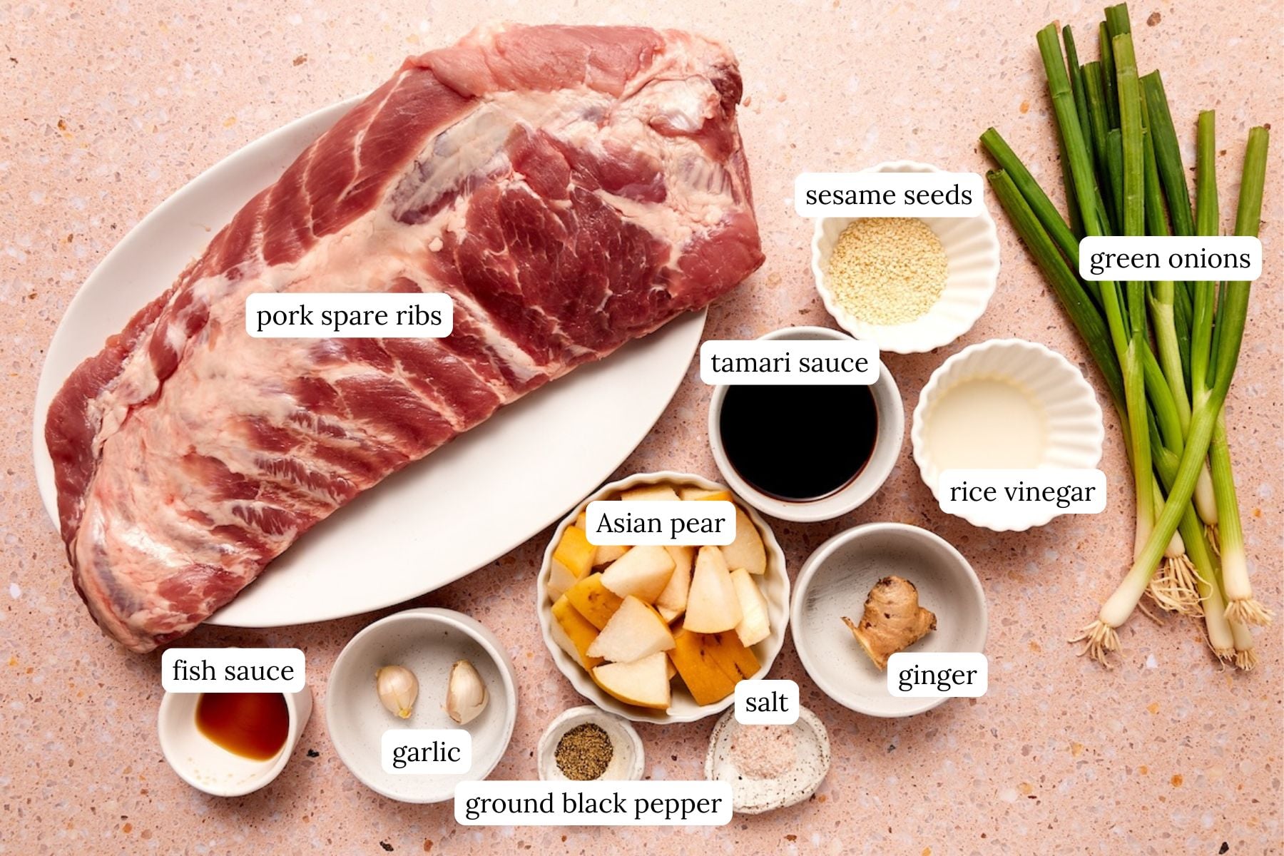 Korean pork ribs recipe ingredients laid out and labeled.