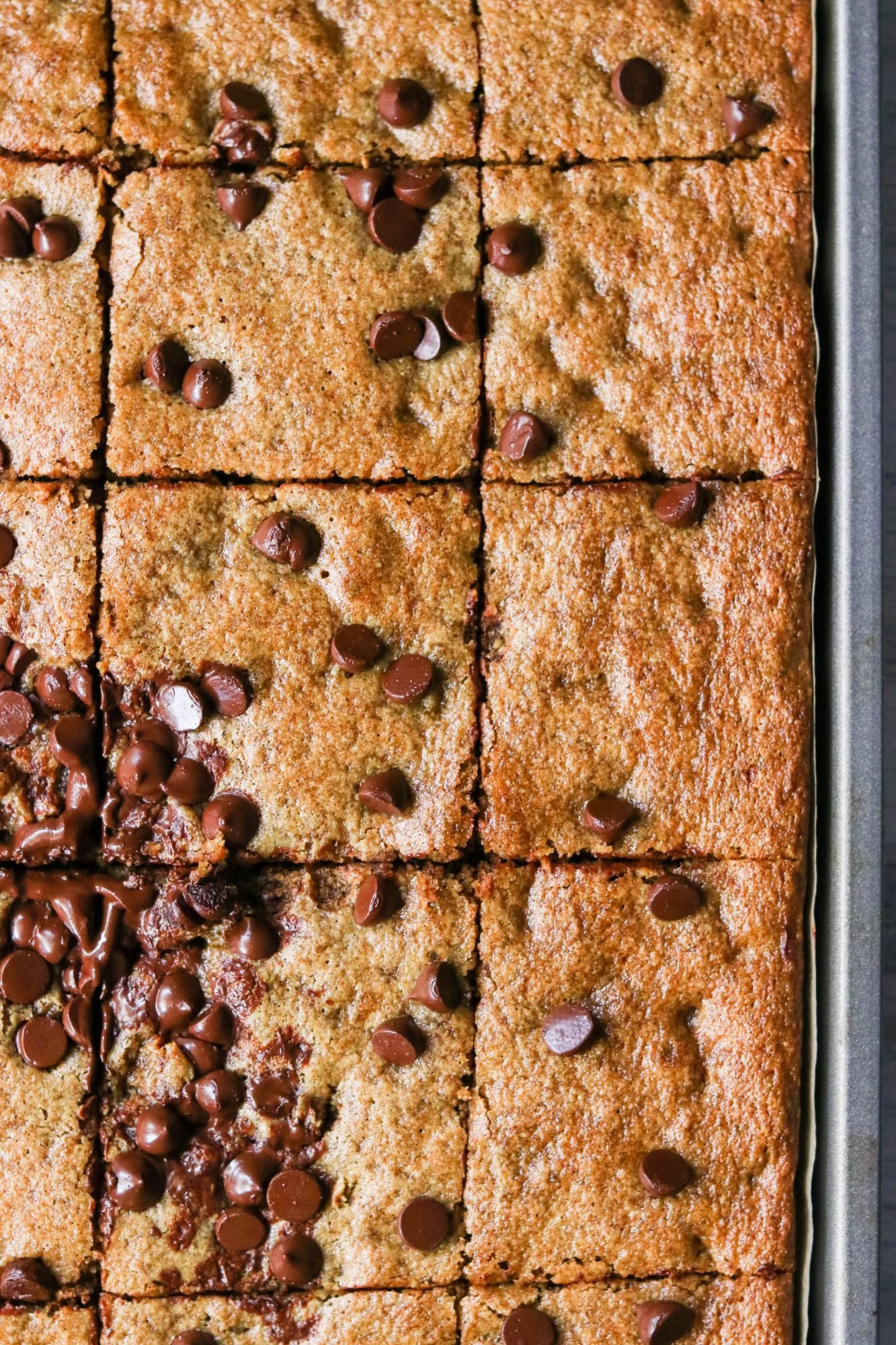 Close up shot of paleo chocolate chip blondies