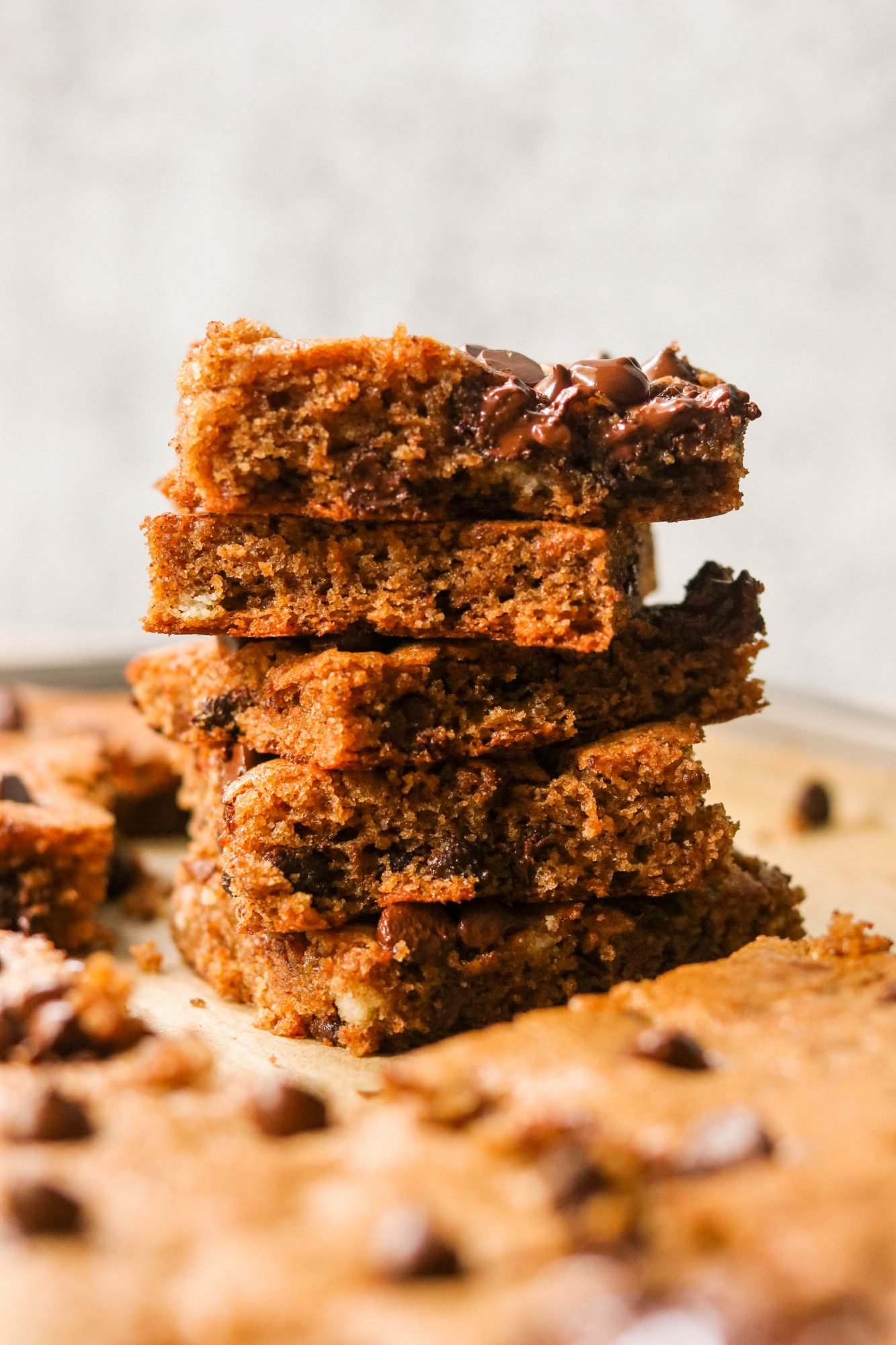 gluten free chocolate chip blondies stacked