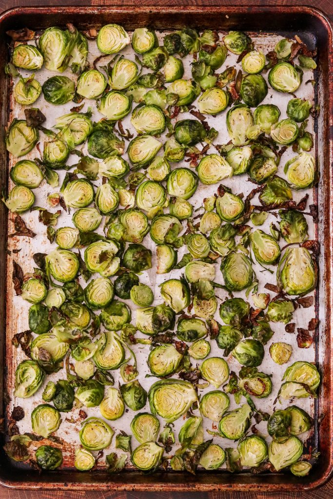 roasted shaved brussels sprouts on a baking pan