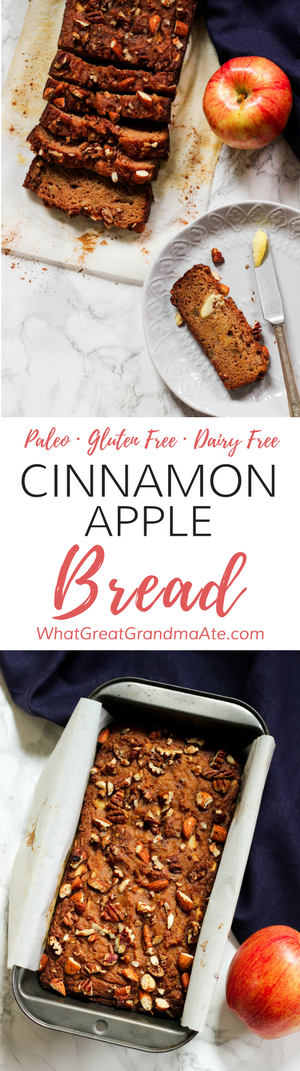 This easy #Paleo Apple Cinnamon Bread is so comforting and delicious with a hot mug of coffee, and you'll love the crunchy nut topping! #blenderbread #paleobread #glutenfree #grainfree #dairyfree