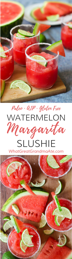 This Paleo Watermelon Margarita Slushie is a deliciously refreshing cocktail or mocktail that'll cool you down instantly on a hot day! #cocktail #margarita #paleo #aip #cincodemayo #autoimmune protocol #mocktail #glutenfree #dairyfree