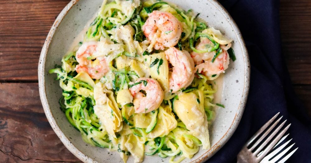 Paleo Shrimp Alfredo with Artichokes Hearts (Whole30, Keto, AIP) What