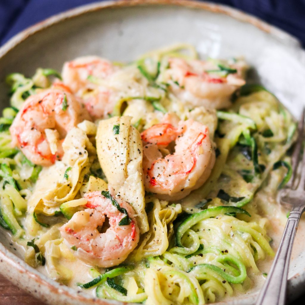 Paleo Shrimp Alfredo with Artichokes Hearts (Whole30, Keto, AIP) What