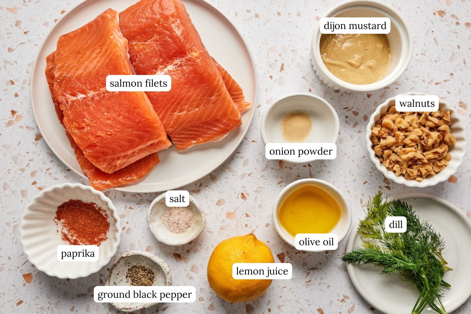 Walnut crusted salmon recipe ingredients laid out and labeled.