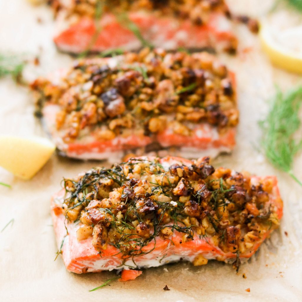 Mustard Dill Walnut Crusted Alaska Salmon (Paleo, Whole30, Keto) [VIDEO