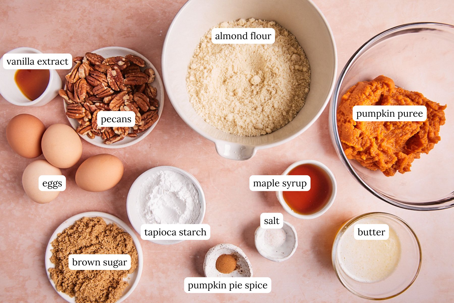 Ingredients for pumpkin pecan pie labeled and laid out on a pink countertop.