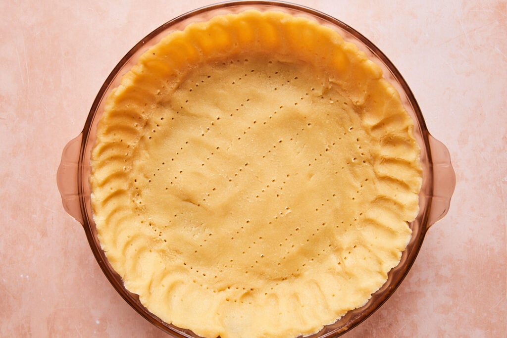 Almond flour pie crust pressed into a pie dish
