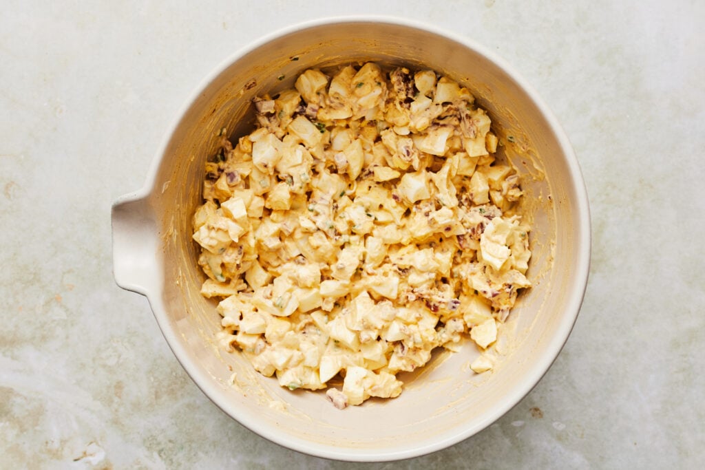 Keto egg salad mixed in a bowl ready to be served.