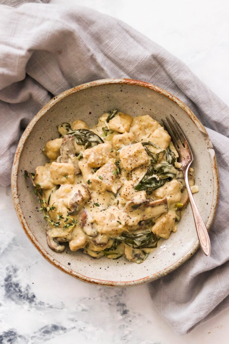 Paleo Cauliflower Gnocchi with Spinach and Mushrooms What Great