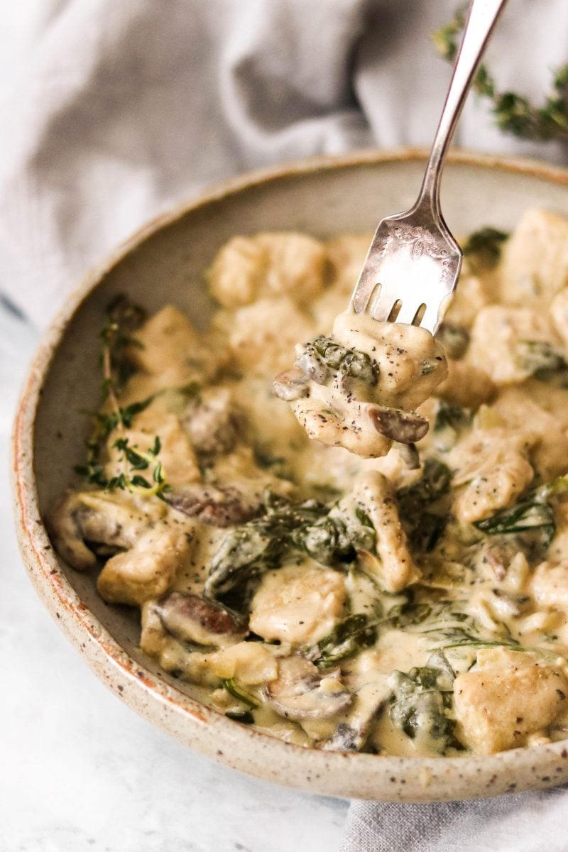 Paleo Cauliflower Gnocchi with Spinach and Mushrooms