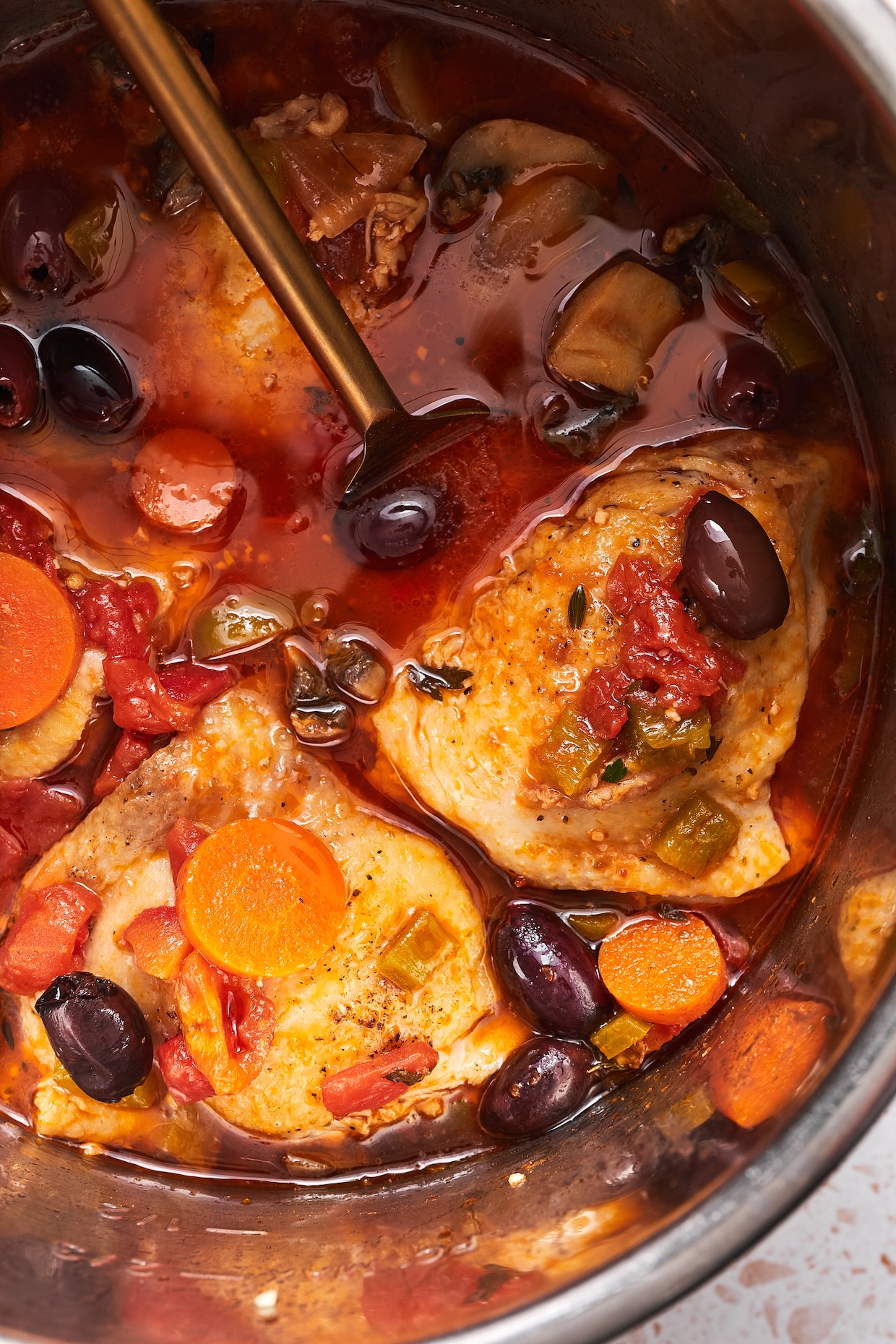 Close up shot of cooked chicken cacciatore in the Instant Pot