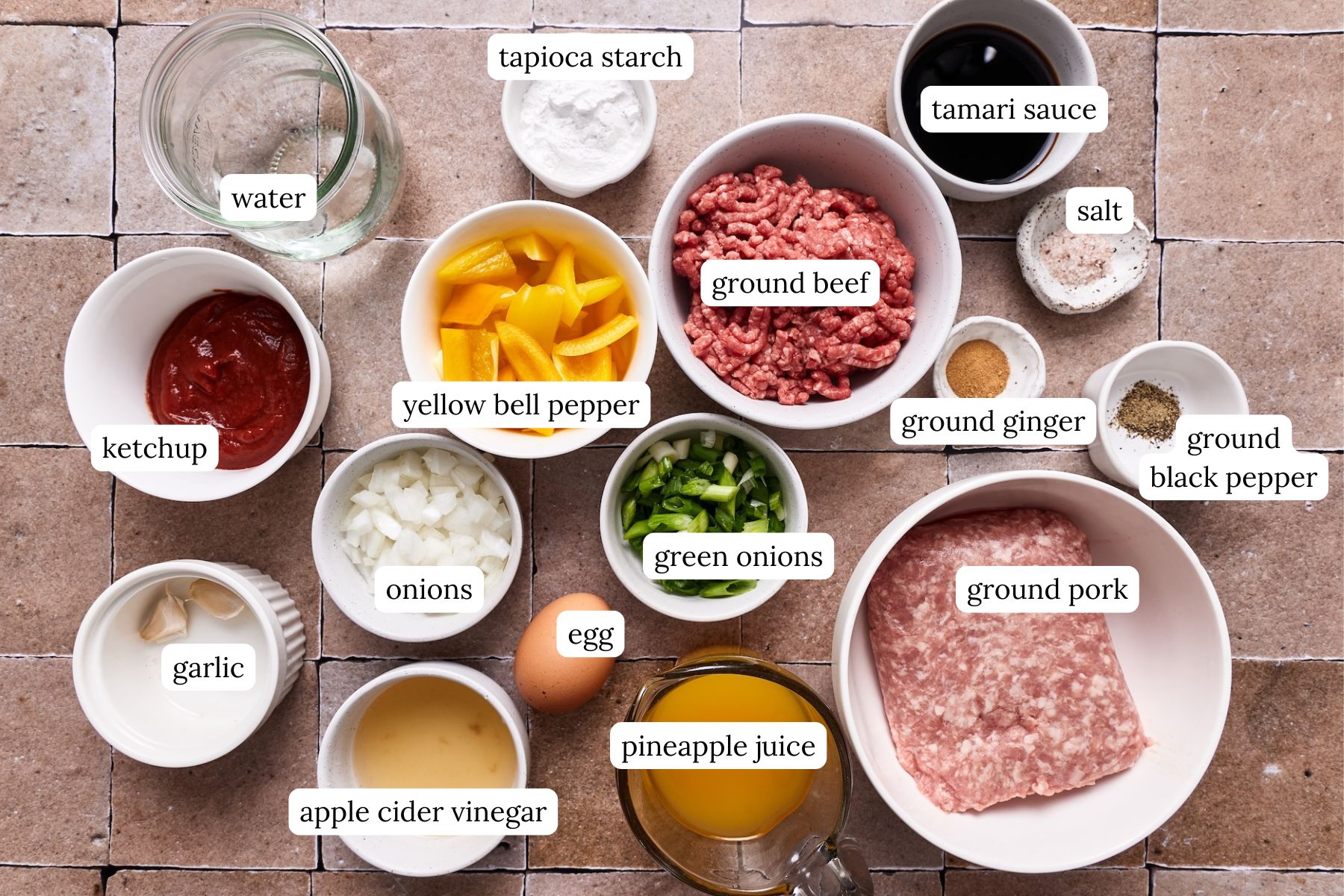Ingredients for sweet and sour meatballs laid out on the counter and labeled