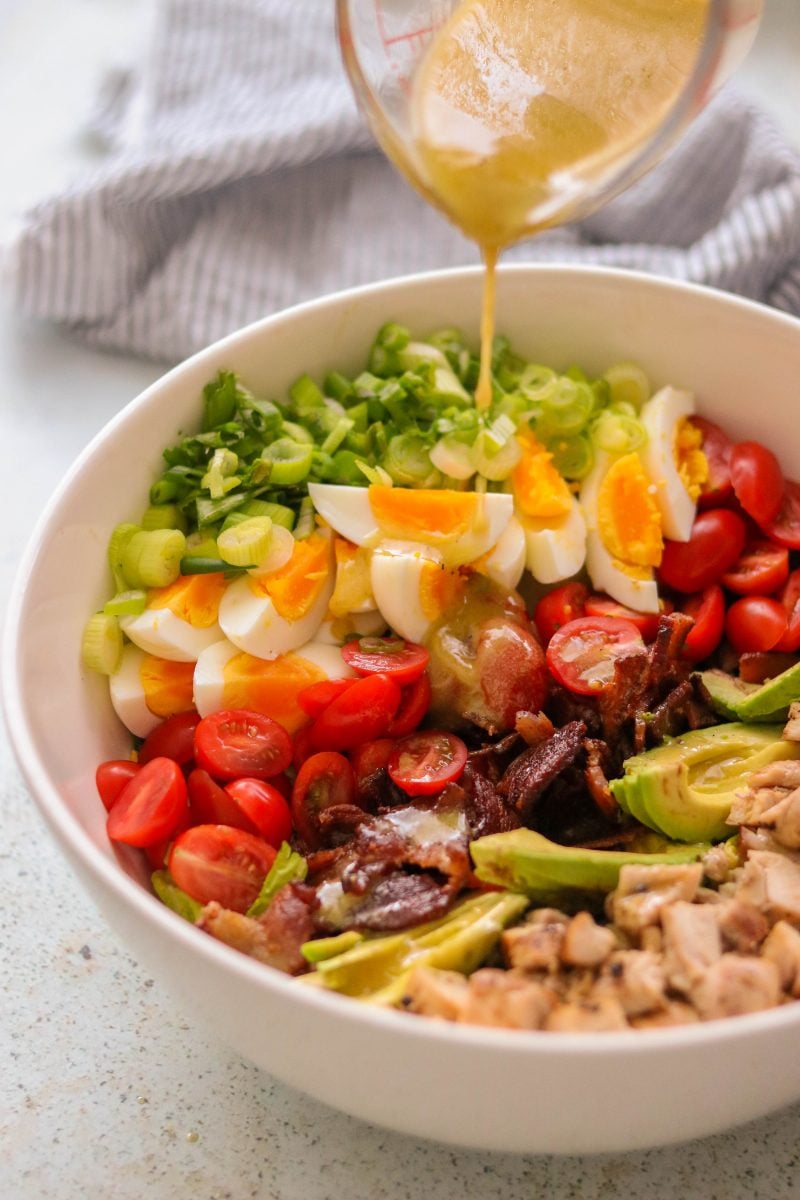 California Cobb Mason Jar Salad with Green Goddess Dressing {gluten-free,  keto, paleo + Whole30 options} - Tasty Yummies