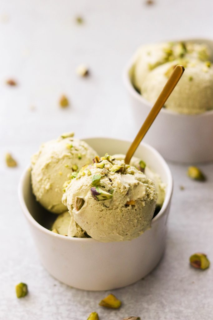 paleo and vegan pistachio ice cream in a bowl