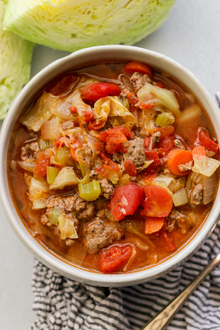 close up shot of cabbage soup with ground beef