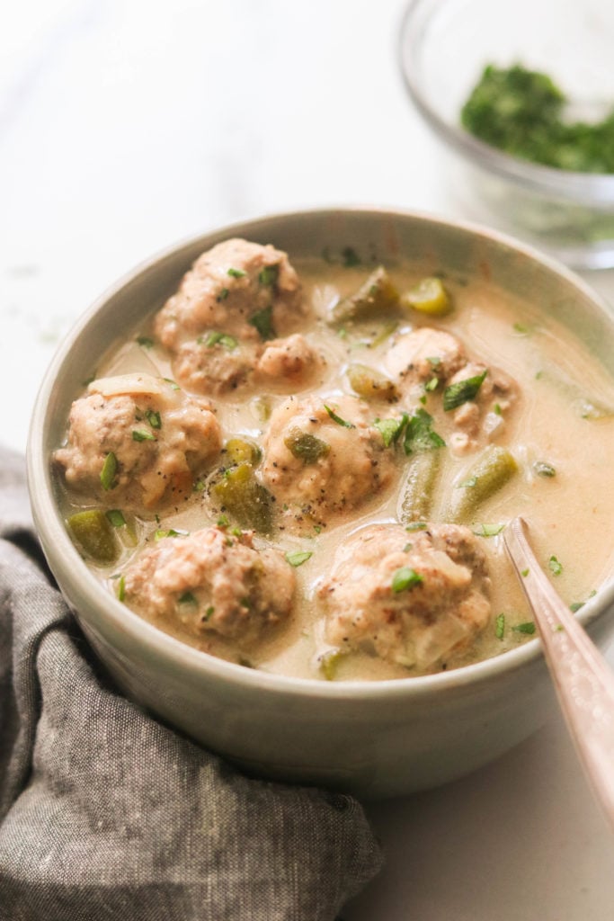 paleo swedish meatballs in a creamy soup