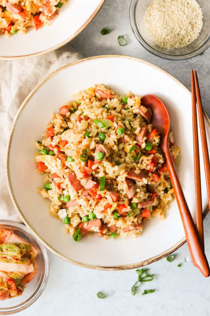 gluten free hot dog fried rice on a plate