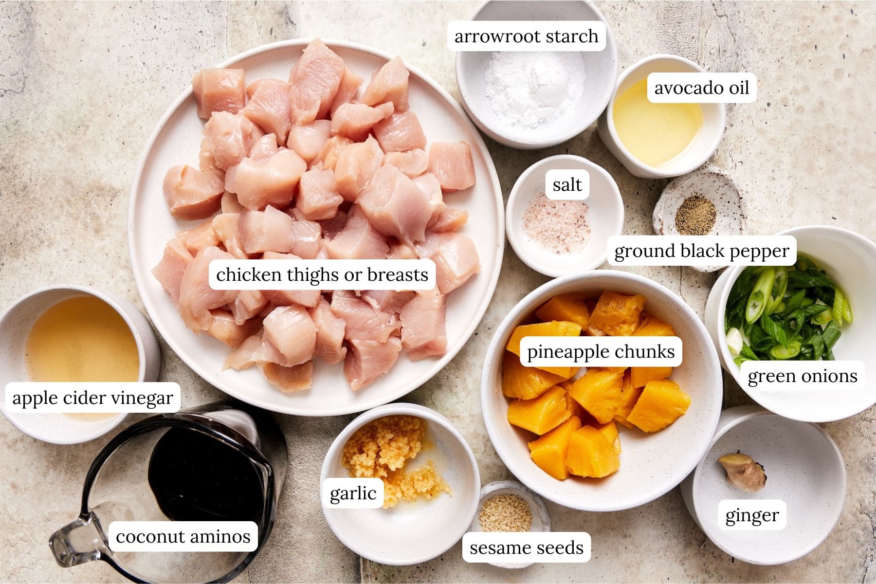 flat lay of ingredients to make pineapple chicken teriyaki