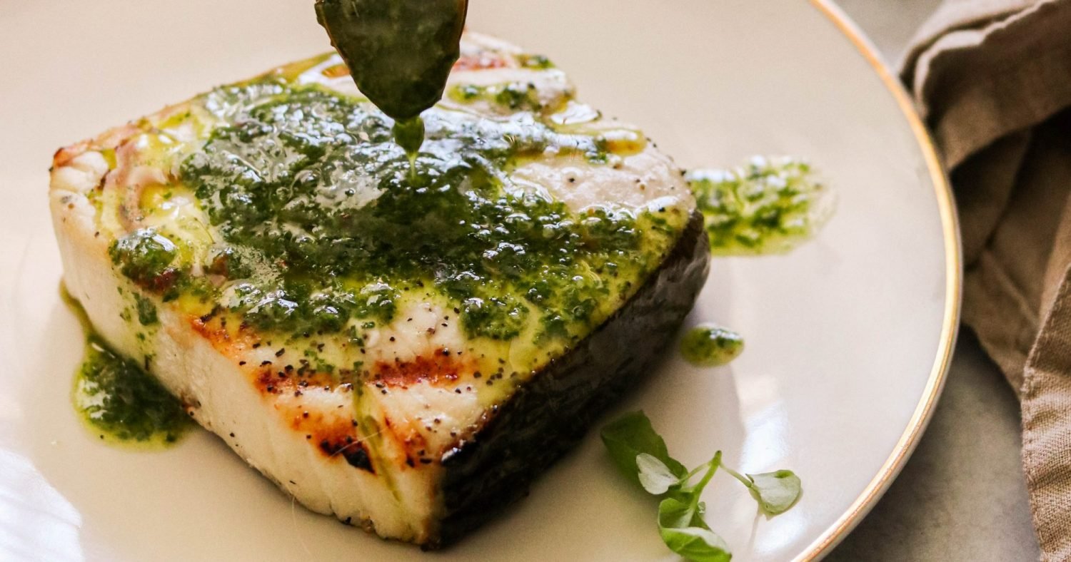 Grilled Keto Halibut Steaks with Basil Chimichurri Sauce (Paleo