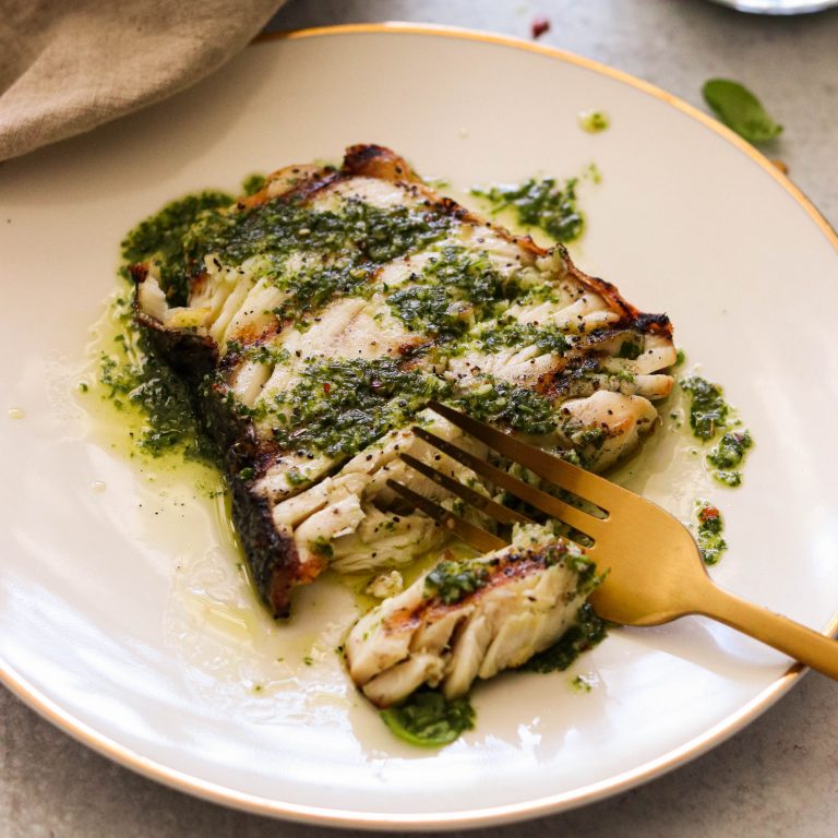 Grilled Keto Halibut Steaks with Basil Chimichurri Sauce (Paleo