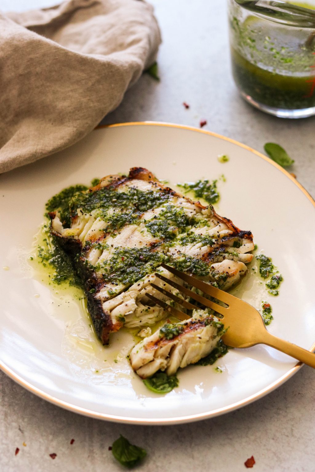 Grilled Keto Halibut Steaks with Basil Chimichurri Sauce (Paleo