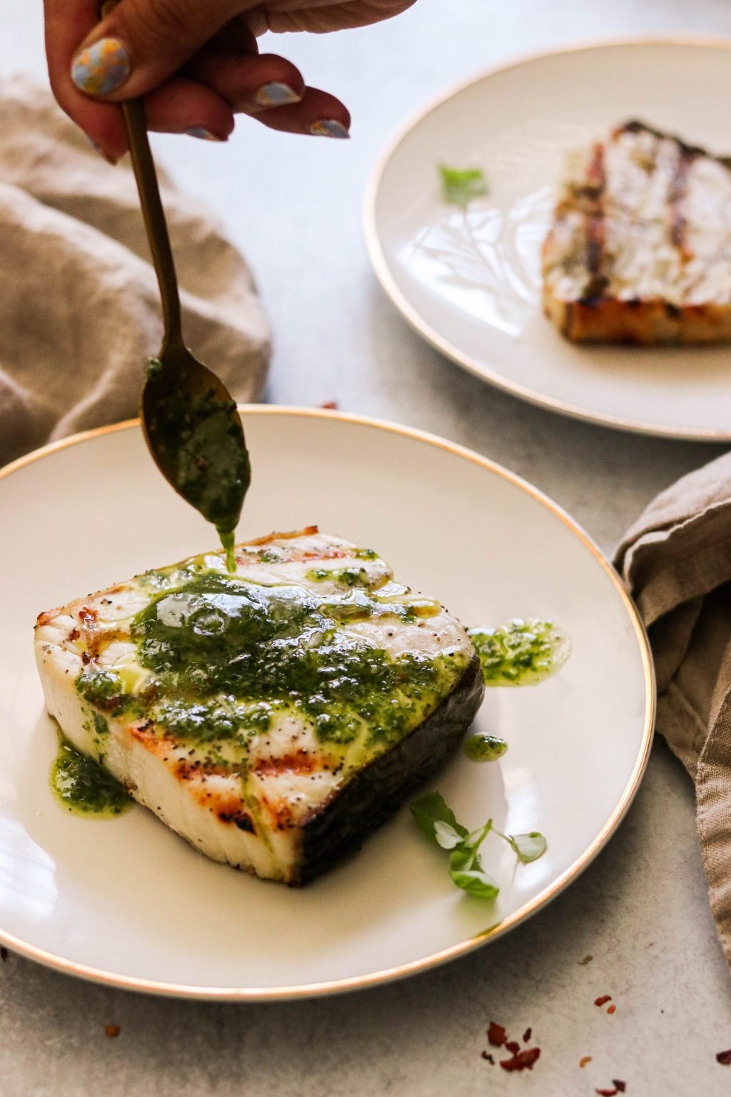 Grilled Keto Halibut Steaks with Basil Chimichurri Sauce (Paleo