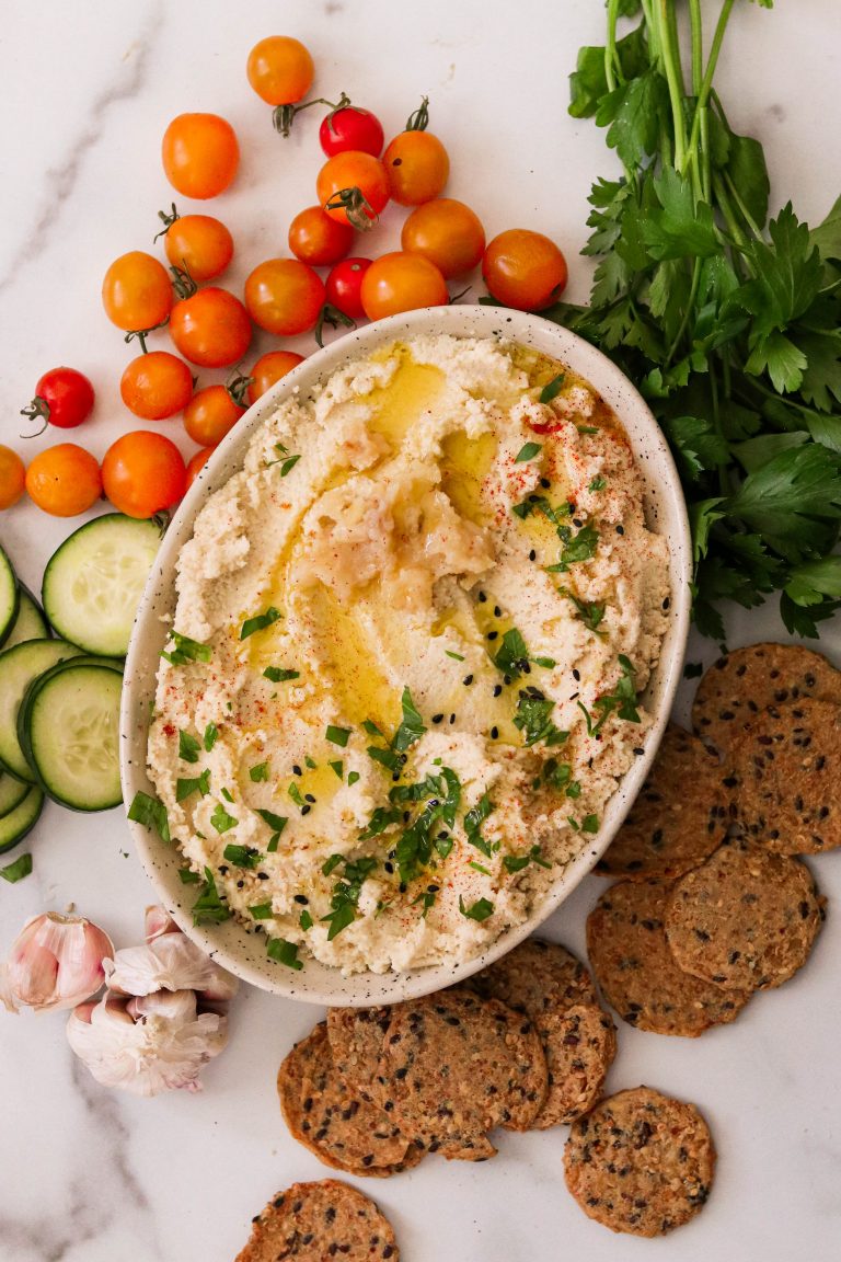 Roasted Cauliflower Hummus with Roasted Garlic (Paleo, Whole30, Keto