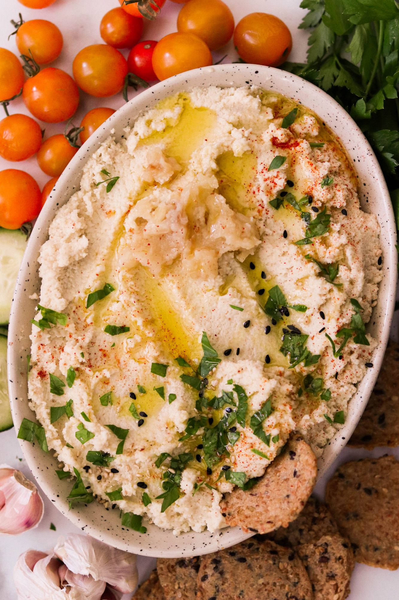 Roasted Cauliflower Hummus with Roasted Garlic (Paleo, Whole30, Keto