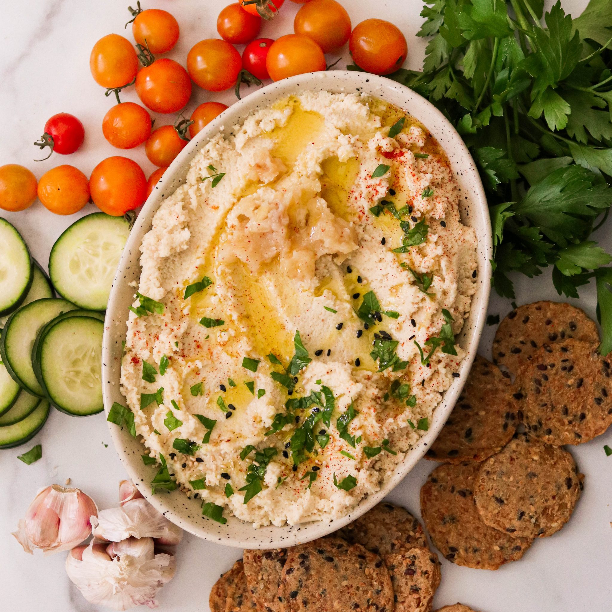 Roasted Cauliflower Hummus with Roasted Garlic (Paleo, Whole30, Keto