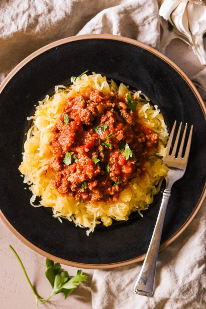 Instant pot spaghetti meat sauce served in a dish