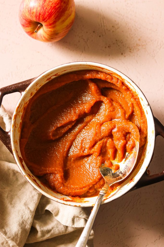 finished pumpkin apple butter, thick and creamy in the saucepan