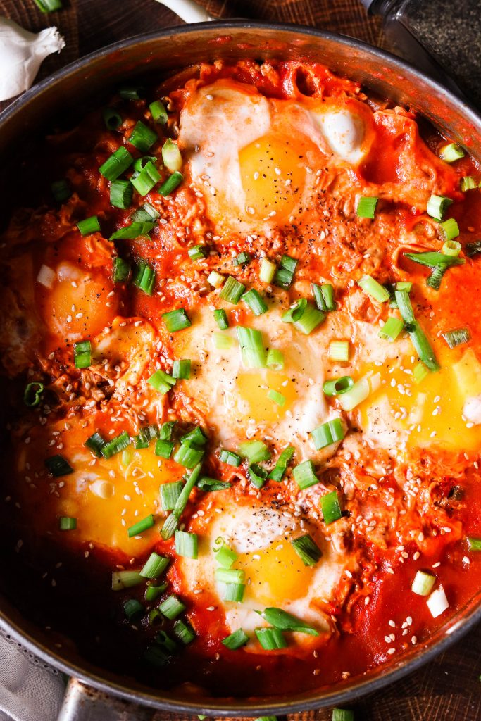 kimchi shakshuka eggs recipe in a pan