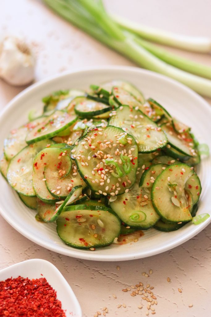 Korean Cucumber Salad served on a plate