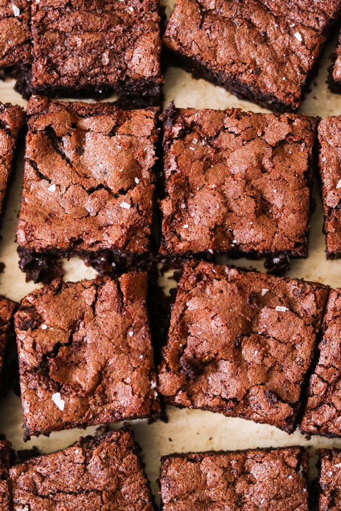 close up shot of Fudgy Brownies with Crackly Tops