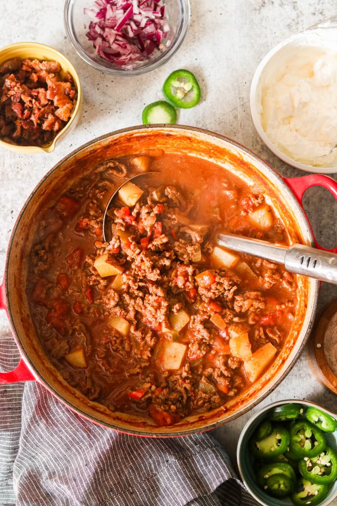 quick and easy beanless chili recipe heated up in a dutch oven