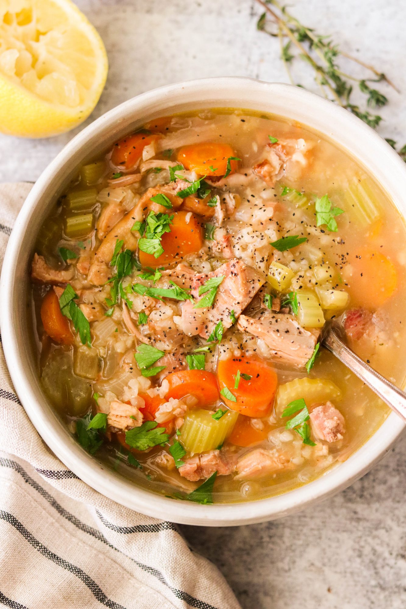 easy soup with leftover turkey in a bowl with a spoon
