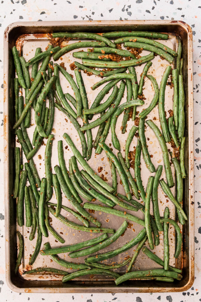 Chinese garlic green beans recipe, roasted on a sheet pan