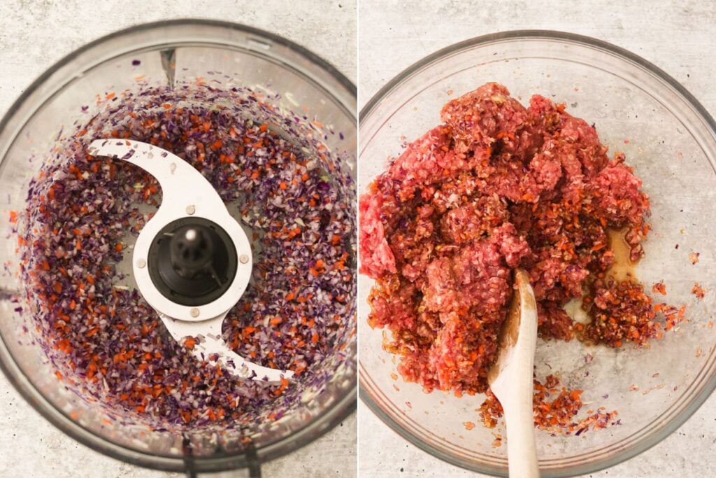 Chopping up coleslaw in a food processor then mixed with ground meat and arrowroot starch to make a meatballs mixture.