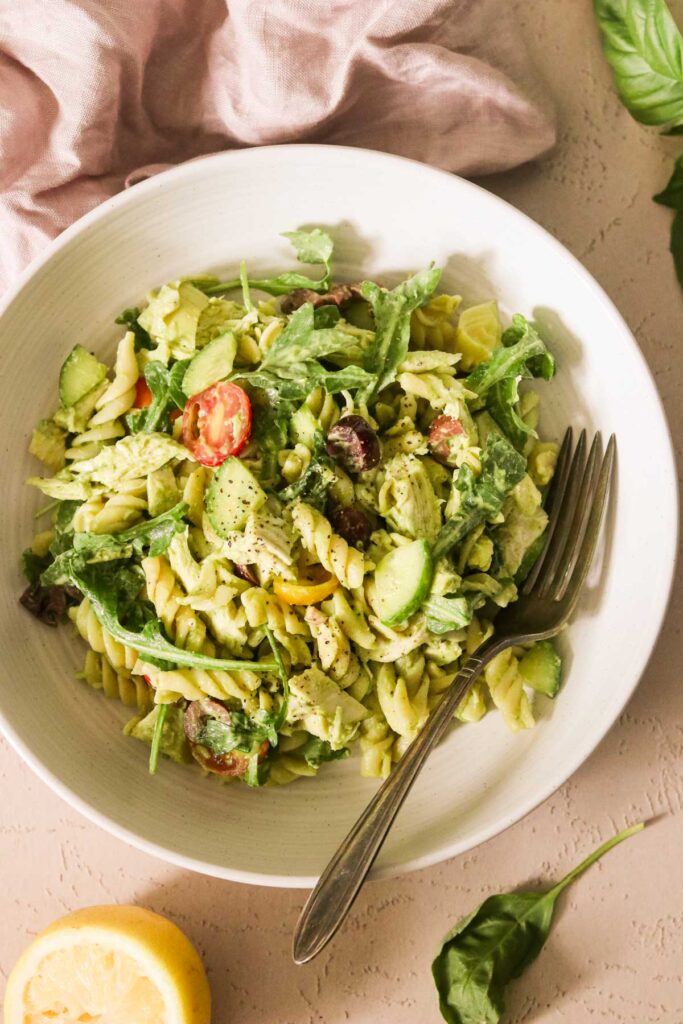 Green Goddess Pasta Salad on a plate