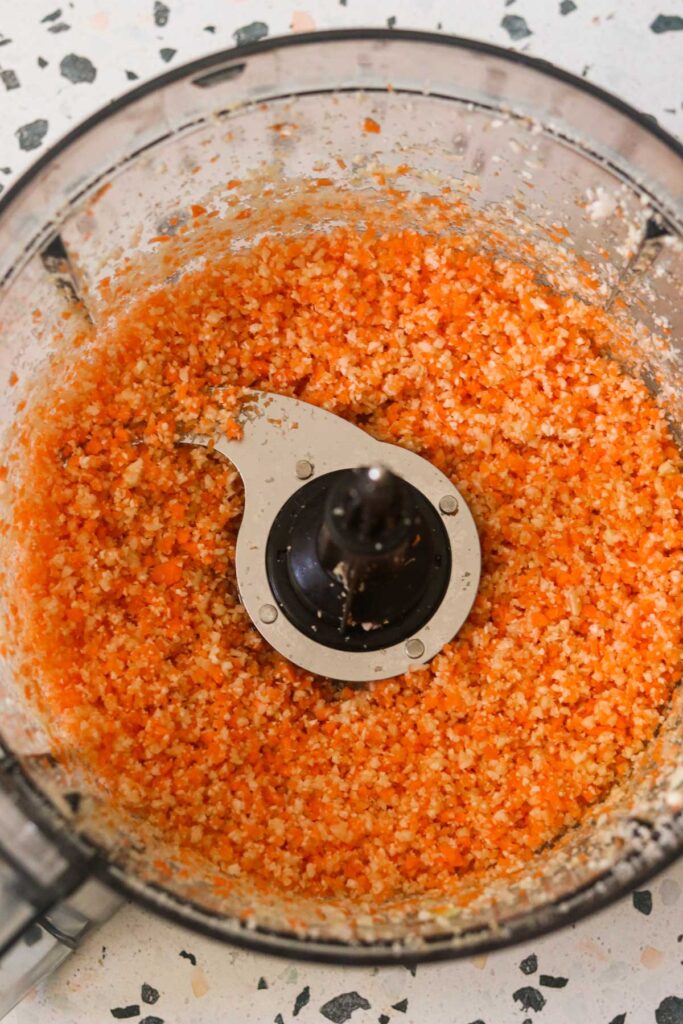 Cauliflower and carrots finely chopped in the food processor