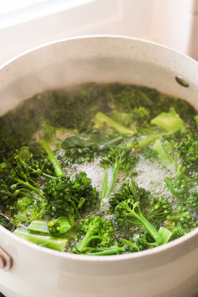 Blanching broccolini in boiling water