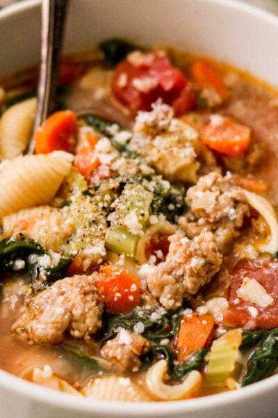 Italian Sausage and Pasta Soup served in a bowl