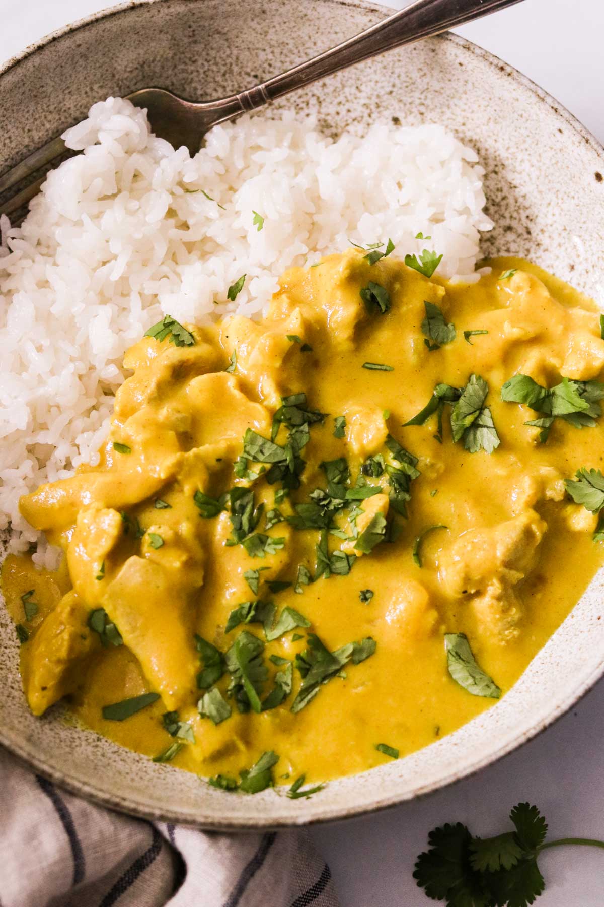 Creamy mango chicken curry served in a bowl with rice
