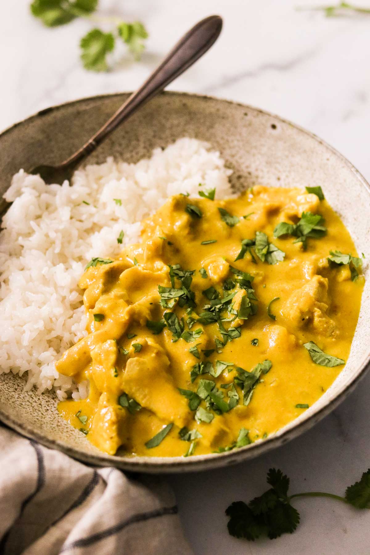 Mango chicken curry served over rice, sprinkled with cilantro